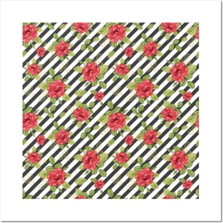 Red Roses Diagonal Stripes Posters and Art